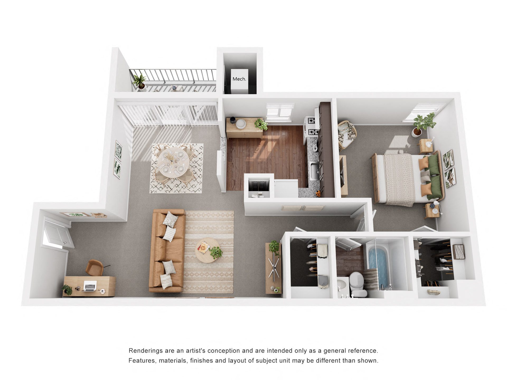 Floor plan for 1 bed, 1 bath, 648 sqft